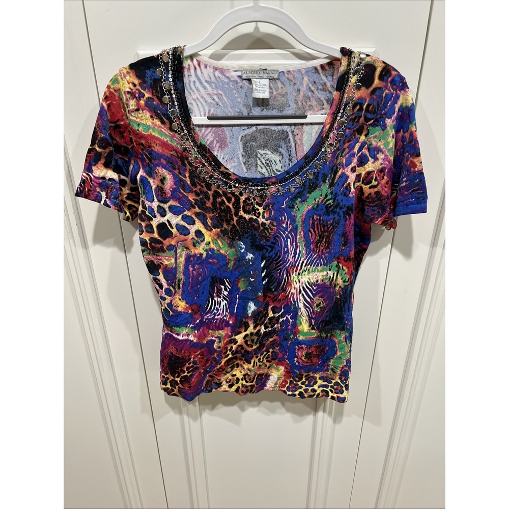 Vintage Alberto Makali Sweater Knit Top Animal Print Artsy Funky Eclectic Loud